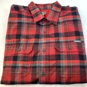 Eddie Bauer Men's Red & Gray Plaid Long Sleeve Shirt Size Large